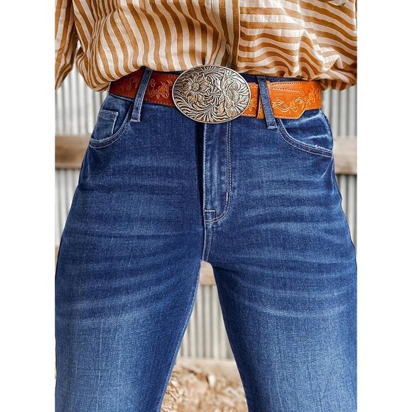 Womens High Waisted Flared Jeans Stretch Raw Hem Retro Wide Leg Pants - Picture 4 of 8